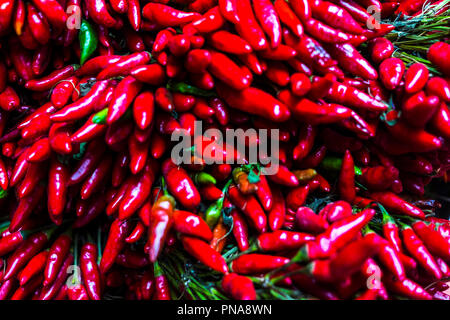 Stapel von bunten chili Pfeffer aus Neapel Sorrento auf Verkauf in Classic shop von Gemüse, Mischung mit roten und grünen Farben Stockfoto