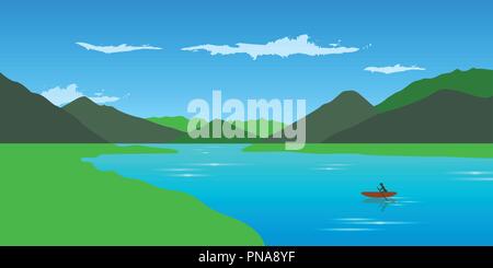 Lonely Kanu auf dem Fluss Abenteuer im Sommer mit grünen Berglandschaft Vektor-illustration EPS 10. Stock Vektor