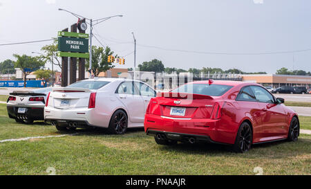 ROYAL OAK, MI/USA - 16. AUGUST 2018: Zwei Cadillac ATS und einem Chevrolet Corvette Fahrzeuge bei Memorial Park, an der Woodward Dream Cruise. Stockfoto