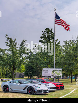ROYAL OAK, MI/USA - 16. AUGUST 2018: Drei Sportwagen im Memorial Park, an der Woodward Dream Cruise: Chevrolet Corvette ZR1 und Z06 Chevrolet Camaro Stockfoto