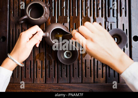Teezeremonie, Frau Reinigung Kaffee Anlagen mit einem Pinsel first person Ansicht Stockfoto