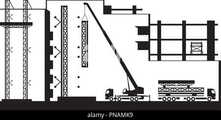 Autokran Montage Gerüst am neuen Gebäude - Vector Illustration Stock Vektor