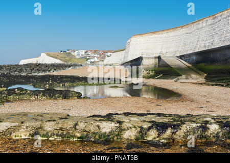 Spencer Court Küste entlang in Saltdean, East Sussex, Blick auf das Meer bei Ebbe, selektiver Fokus Stockfoto