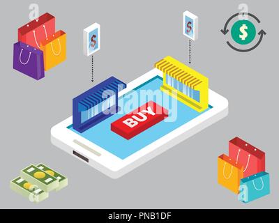 E-Commerce, Pay Online und Online Shopping Konzept. Flache isometrische 3D-Design Stock Vektor
