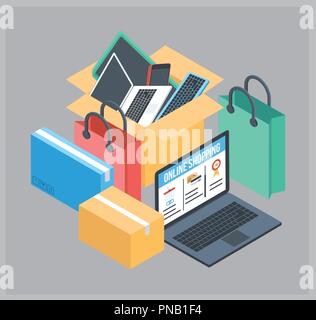 E-Commerce, Pay Online und Online Shopping Konzept. Flache isometrische 3D-Design Stock Vektor