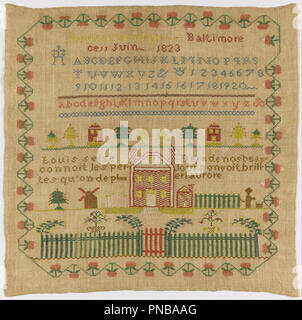 Sampler. Datum/Zeitraum: 1823. Sampler. Medium: Seide sticken auf Leinen Stiftung. Technik: bestickte in Kreuzstich auf leinwandbindung Stiftung. Höhe: 450 mm (17,71 in); Breite: 450 mm (17,71 in). Autor: Louisa Nenninger. Stockfoto