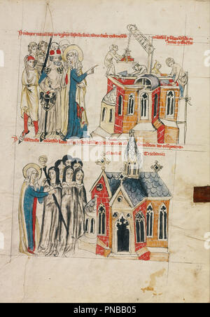 Hedwig und das neue Kloster; Nonnen aus Bamberg, die sich am Neuen Kloster. Datum/Zeit: 1353. Folio. Tempera Farben, farbigen wäscht, und Tusche auf Pergament. Höhe: 341 mm (13.42 in); Breite: 248 mm (9,76 in). Thema: Workshop von Herzog Ludwig I. von Liegnitz und Brieg. Stockfoto