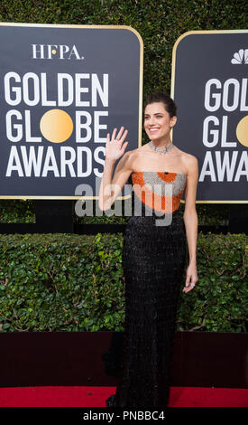 Allison Williams kommt an der 75th jährliche Golden Globes Awards im Beverly Hilton in Beverly Hills, CA am Sonntag, 7. Januar 2018. Stockfoto