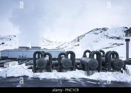 Dampf Separatoren auf POWER Orka Natturunn, die Energie der Natur grüner Strom erneuerbare Energie Geothermische Anlage, Reykjavik, South Island Stockfoto