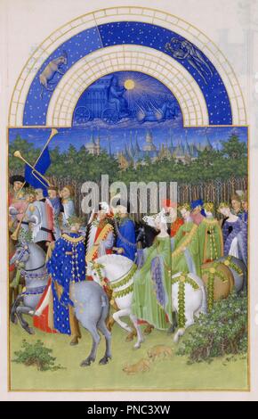 Très Riches Heures du Duc de Berry Folio 5, verso: Mai. Datum/Zeitraum: Zwischen 1412 und 1416. Ausleuchtung. Malerei auf Pergament. Höhe: 22,5 cm (8,8 in) Breite: 13,6 cm (5.3 in). Autor: Brüder Van Limburg. LIMBURG (Gebrüder). Pol de Limbourg, Jean Colombe. Stockfoto