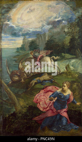 St. Georg und der Drache. Datum/Zeitraum: 1558. Malerei. Öl auf Leinwand. Höhe: 158,3 cm (62,3 in); Breite: 100,5 cm (39,5 in). Autor: Tintoretto. Stockfoto