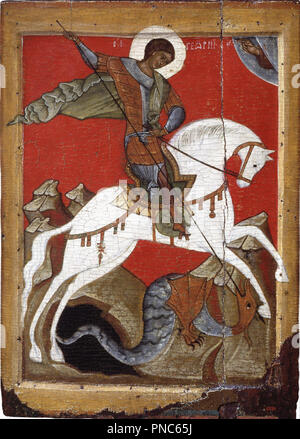 Wunder von St. George und der Drache. Novgorod. Datum/Zeitraum: Zweites Quartal des 15. Jahrhunderts. Symbol der Malerei. Tempera auf Holz Tempera auf Holz. Höhe: 585 mm (23.03 in); Breite: 420 mm (16.53 in). Autor: Unbekannt. Russische Ikone. Stockfoto