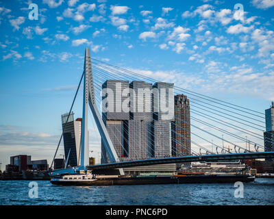 Rotterdam Architektur - De Rotterdam Gebäude sitzt hinter dem Wahrzeichen der Erasmus-Brücke, im Zentrum von Rotterdam, NL. De Rotterdam eröffnet 2013. Stockfoto