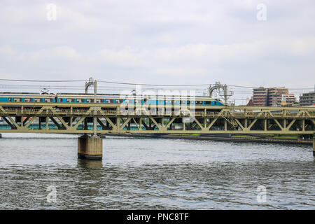 Ein Zug auf einer Brücke über den Sumida River, Tokio, Japan Stockfoto