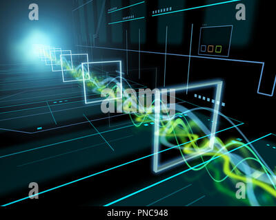 High Technology Hintergrund mit etwas Energie strahlen durch einen Tunnel fahren. 3D-Darstellung. Stockfoto