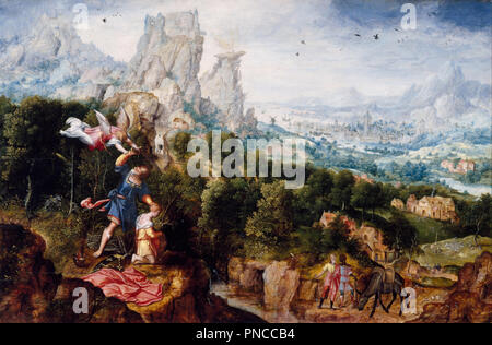 Landschaft, die mit dem Anbieten von Isaac. Datum/Zeitraum: 1535/1545. Malerei. Öl auf Leinwand. Breite: 86 cm. Höhe: 56,2 cm. Autor: Herri met de Bles. Stockfoto