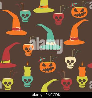 Halloween Party nahtlose Muster. Böse Kürbisse mit Trinkhalmen und Cocktail Schirme, menschlichen Schädeln, wie Kelche und Kerzenständer, Hexe Hüte Stock Vektor