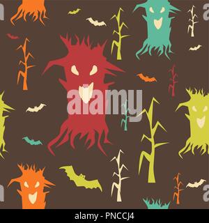 Nahtlose Muster der gruselig dämonischer Bäume. Alptraum animierte Wald. Tote Bäume mit krummen Ästen und Fledermäuse mit bösen Augen Stock Vektor