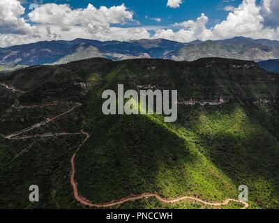 Vista Aerea. Verde paisaje en un dia nublado, durante Expedición Entdeckung Madrense en La Mesa Tres Rios, Sonora Mexico. Sierra Madre Occidental. Sier Stockfoto