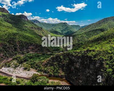 Vista Aerea. Verde paisaje y Arroyo de un dia nublado, durante Expedición Entdeckung Madrense en La Mesa Tres Rios, Sonora Mexico. Sierra Madre Occiden Stockfoto