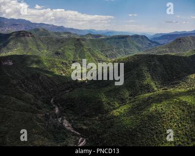 Vista Aerea. Verde paisaje en un dia nublado, durante Expedición Entdeckung Madrense en La Mesa Tres Rios, Sonora Mexico. Sierra Madre Occidental. Sier Stockfoto