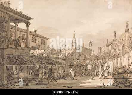 Capriccio auf einen venezianischen Innenhof. Zeichnung. Feder und Tinte braun, grau Waschen und Graphit auf dicke, leicht strukturierte, Creme webte Papier. Höhe: 254 mm (10 in.); Breite: 362 mm (14.25 in). Autor: CANALETTO. Stockfoto