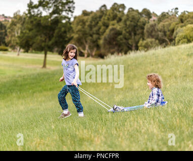 Kinder gras Rodeln auf einer Naturrodelbahn hinunter einen Hügel in einem Park Stockfoto