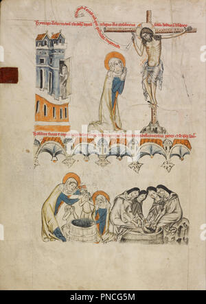 Christus Segen Heilige Hedwig; die hl. Hedwig waschen Ihr Enkel's Gesicht. Datum/Zeit: 1353. Folio. Tempera Farben, farbigen wäscht, und Tusche auf Pergament. Höhe: 341 mm (13.42 in); Breite: 248 mm (9,76 in). Thema: Workshop von Herzog Ludwig I. von Liegnitz und Brieg. Stockfoto