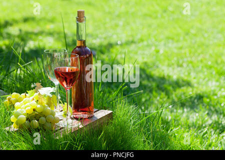 Rose Wein Flaschen, Gläser und Trauben. Outdoor im Weinberg mit Platz für Ihren Text Stockfoto