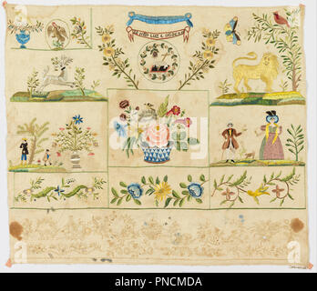 Sampler. Datum/Zeit: Ca. 1830. Sampler. Medium: Seide und Baumwolle Stickerei, Bettwäsche Stiftung. Technik: Satin, Stiel und Öse Stiche in Leinwandbindung. Thema: Lus L. Calderon. Stockfoto