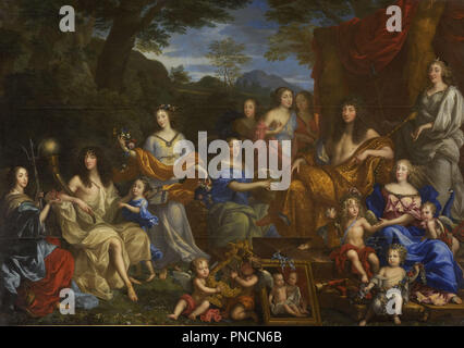 Louis XIV et la Famille Royale/Louis XIV und der königlichen Familie. Datum/Zeitraum: 1670. Malerei. Öl auf Leinwand. Höhe: 305 cm (10 ft); Breite: 420 cm (13.7 ft). Autor: Jean Nocret. NOCRET, Jean. Stockfoto