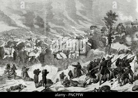 Europa. Siglo XIX. La Cuestión de Oriente. La Guerra de Oriente (1875-1878). El Schwächung del imperio Otomano hace Nacer movimientos nacionalistas en los Balcanes. Serbio-Turco Conflicto. Serbien. Toma de la Ciudad de Kujaschewatz por los turcos, el 5 de Agosto de 1876. Grabado. La Ilustración Española y Americana, 30 de Agosto de 1876. Biblioteca Histórico Militar de Barcelona. Catalunya, España. Stockfoto