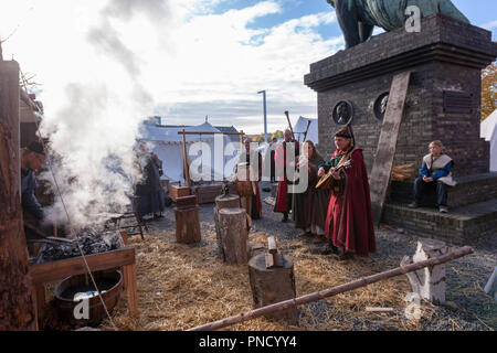 In einem mittelalterlichen Markt in Kopenhagen, Dänemark, Musiker Stockfoto