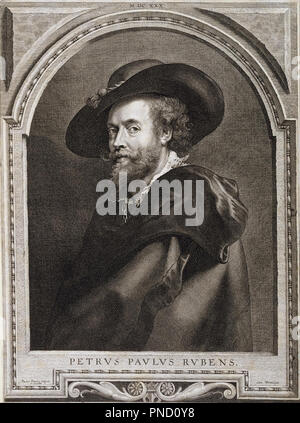 Portrait von Peter Paul Rubens. Datum/Zeitraum: 1630. Gravur auf Bütten. Breite: 27,3 cm. Höhe: 36,8 cm (insgesamt). Autor: Paulus Pontius. Stockfoto