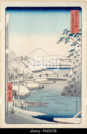 Riverbank bei Sukiya in Edo (Toto Sukiya - GASHI), aus der Serie 36 Ansichten des Berges Fuji (Fuji sanjurokkei). Datum/Zeitraum: 1858 Ansei (5), 4. Monat. Drucken. Holzschnitt (nishiki-e); Tinte und Farbe auf Papier. Autor: Hiroshige. Utagawa Hiroshige. Stockfoto