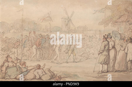 Captain Barclay's Rally Spiel - das Finish. Genre betrifft. Aquarell mit Stift und rot-braune und graue Tinte über Graphit auf Karte mit gold Papier, Feder und Tinte Linie Grenze auf dickem, mäßig strukturiertem, webten Papier gelegt. Höhe: 144 mm (5.66 in); Breite: 233 mm (9.17 in). Autor: Thomas Rowlandson. Stockfoto