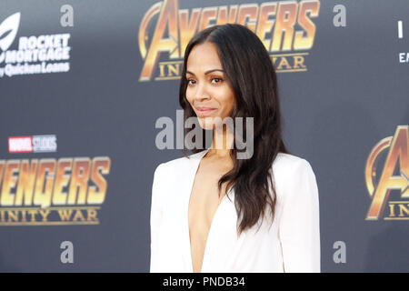 Zoe Saldana bei der Weltpremiere von "Marvel Studios" Avengers: Infinity Krieg' auf dem Hollywood Blvd. in Hollywood, CA, 23. April 2018. Foto von Joseph Martinez/PictureLux Stockfoto