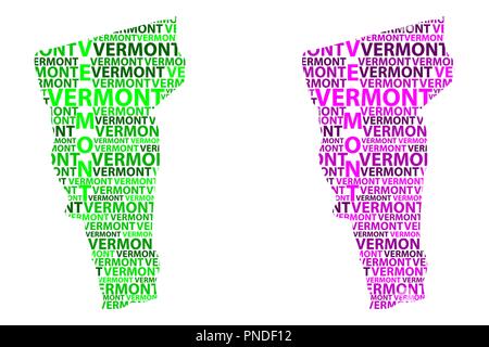 Skizze Vermont (USA) schreiben Text Karte, Vermont Karte - in der Form des Kontinents, Karte Vermont - grün und lila Vektor illustra Stock Vektor