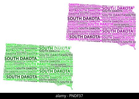 Skizze South Dakota (USA) schreiben Text Karte, South Dakota Karte - in der Form des Kontinents, Karte South Dakota - Grün und Violett Stock Vektor