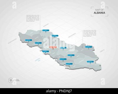 Isometrische 3D-Albanien Karte. Stilisierte Vektorkarte Abbildung mit Städten, Ländergrenzen, Kapital, administrative divisions und Zeiger markiert; Gradient backgr Stock Vektor