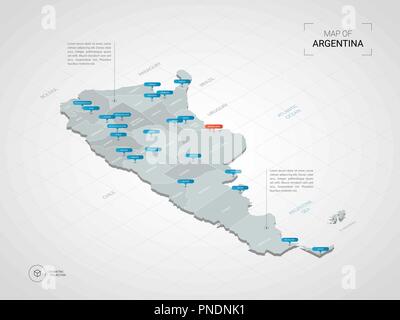 Isometrische 3D-Argentinien Karte. Stilisierte Vektorkarte Abbildung mit Städten, Ländergrenzen, Kapital, administrative divisions und Zeiger markiert; Steigung zurück Stock Vektor