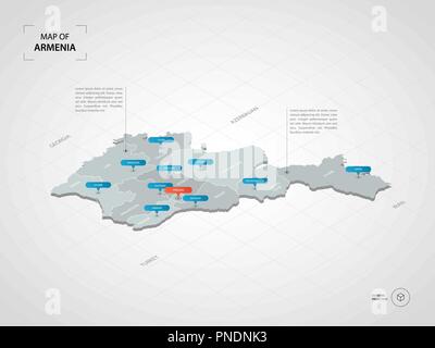 Isometrische 3D-Armenien Karte. Stilisierte Vektorkarte Abbildung mit Städten, Ländergrenzen, Kapital, administrative divisions und Zeiger markiert; Gradient backgr Stock Vektor