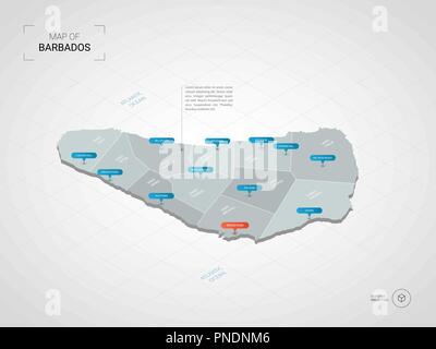 Isometrische 3D-Barbados Karte. Stilisierte Vektorkarte Abbildung mit Städten, Ländergrenzen, Kapital, administrative divisions und Zeiger markiert; gradient Hinterg Stock Vektor