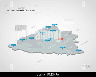 Isometrische 3D-Bosnien und Herzegowina Karte. Stilisierte Vektorkarte Abbildung mit Städten, Ländergrenzen, Kapital, administrative divisions und Zeiger markiert; Stock Vektor