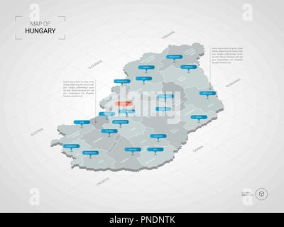 Isometrische 3D-Ungarn Karte. Stilisierte Vektorkarte Abbildung mit Städten, Ländergrenzen, Kapital, administrative divisions und Zeiger markiert; Gradient backgr Stock Vektor