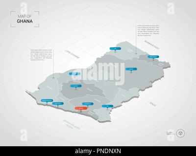 Isometrische 3D-Ghana Karte. Stilisierte Vektorkarte Abbildung mit Städten, Ländergrenzen, Kapital, administrative divisions und Zeiger markiert; Gradient backgrou Stock Vektor