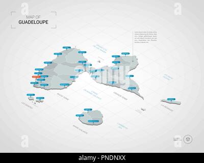 Isometrische 3D-Guadeloupe Karte. Stilisierte Vektorkarte Abbildung mit Städten, Ländergrenzen, Kapital, administrative divisions und Zeiger markiert; gradient Bac Stock Vektor