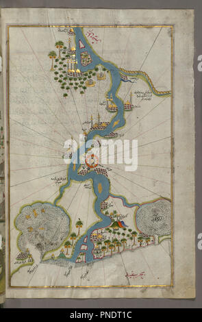 Karte von den Nil Von seiner Mündung in Richtung Süden. Datum/Zeitraum: Ottomane. Illuminierte Handschriften; Folios (Blätter); Karten. Tinte und Pigmente auf der vorgesehenen Europäischen Papier Tinte und Pigmente auf der vorgesehenen Europäischen Papier. Höhe: 27.16 mm (1,40 in); Breite: 65,50 mm (2.57 in). Autor: Piri Reis. Stockfoto