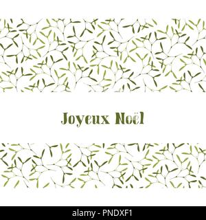 Weihnachten Grußkarte. Die Mistel auf weißem Hintergrund und Text frohe Weihnachten. Text in Französisch Joyeux Noel, auf Englisch frohe Weihnachten. Stock Vektor