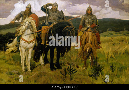 Helden (Bogatyri). Datum/Zeitraum: von 1881 bis 1898. Malerei. Öl auf Leinwand. Höhe: 295,3 cm (116,2); Breite: 446 cm (14.6 ft). Autor: Viktor Vasnetsov. Wiktor MICHAILOWITSCH WASNEZOW. Vasnetsov, Viktor MIKHAYLOVICH. Stockfoto